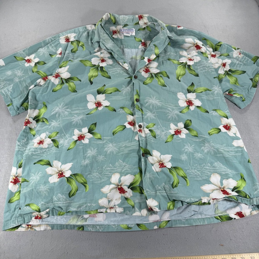 Made in Hawaii Hawaiian Shirt 2XL‎ Green Orchid Floral Cotton Aloha Mens